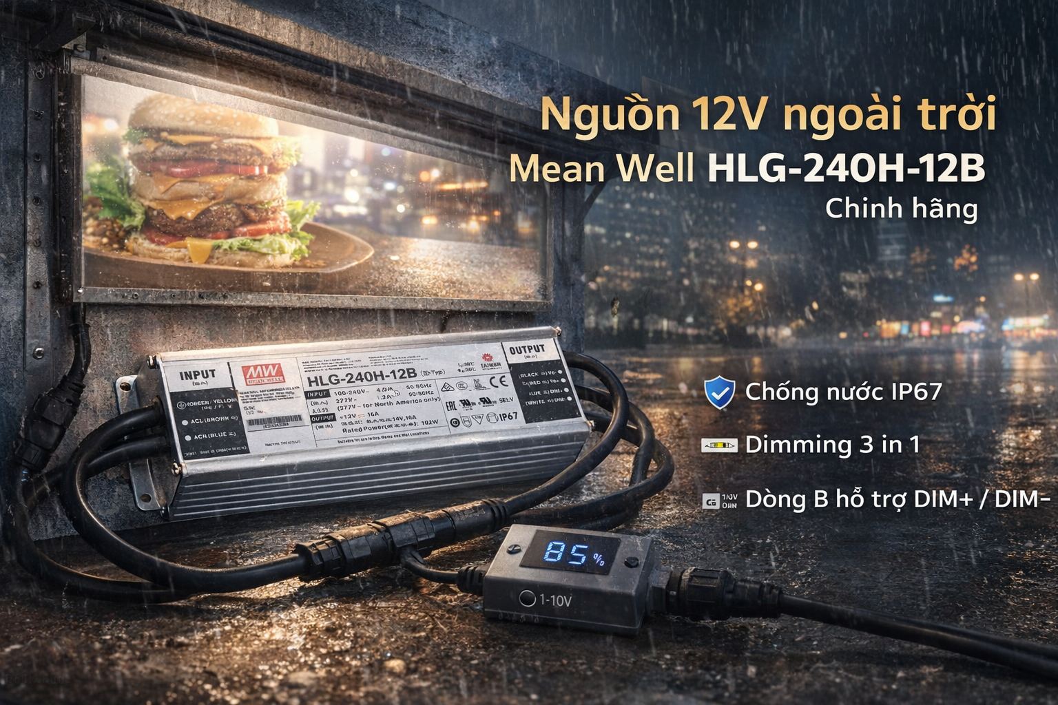 Nguồn 12V dimming, ngoài trời Meanwell